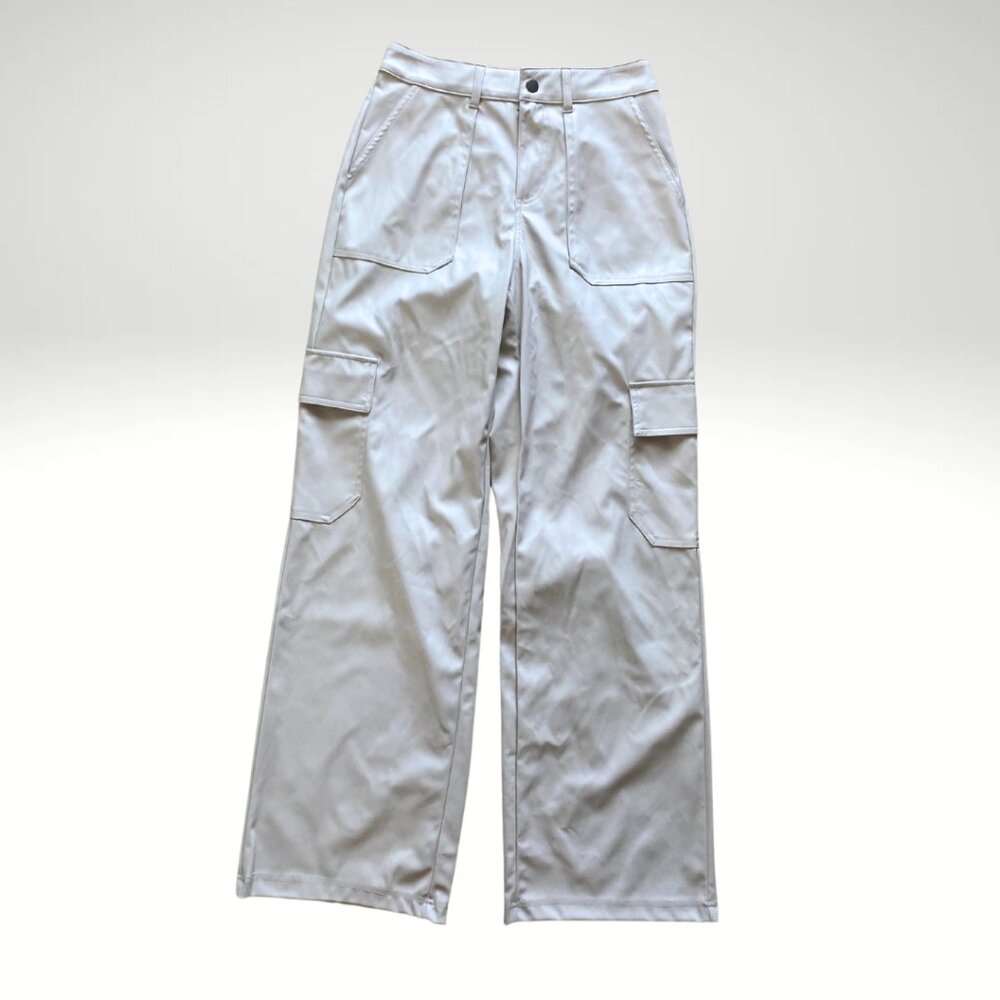 BRAND NEW high rise cargo leather straight pants (white/cream